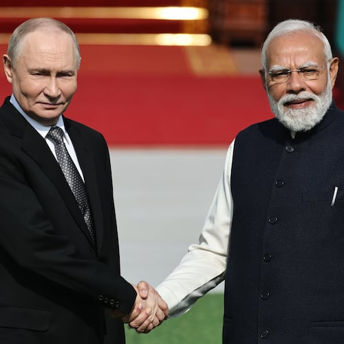 Russian President Vladimir Putin, left, and Indian Prime Minister Narendra Modi pose for a photo prior to their talks in New Delhi, India, Friday, Dec. 5, 2025. (Mikhail Tereshchenko, Sputnik, Kremlin Pool Photo via AP)