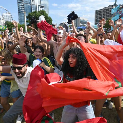 Morocco fans cheer as they gather to watch the match between Morocco vs. Haiti at the FIFA Fan Festival in Centennial Olympic Park on Wednesday, June 24, 2026, in Atlanta. (Hyosub Shin/AJC)