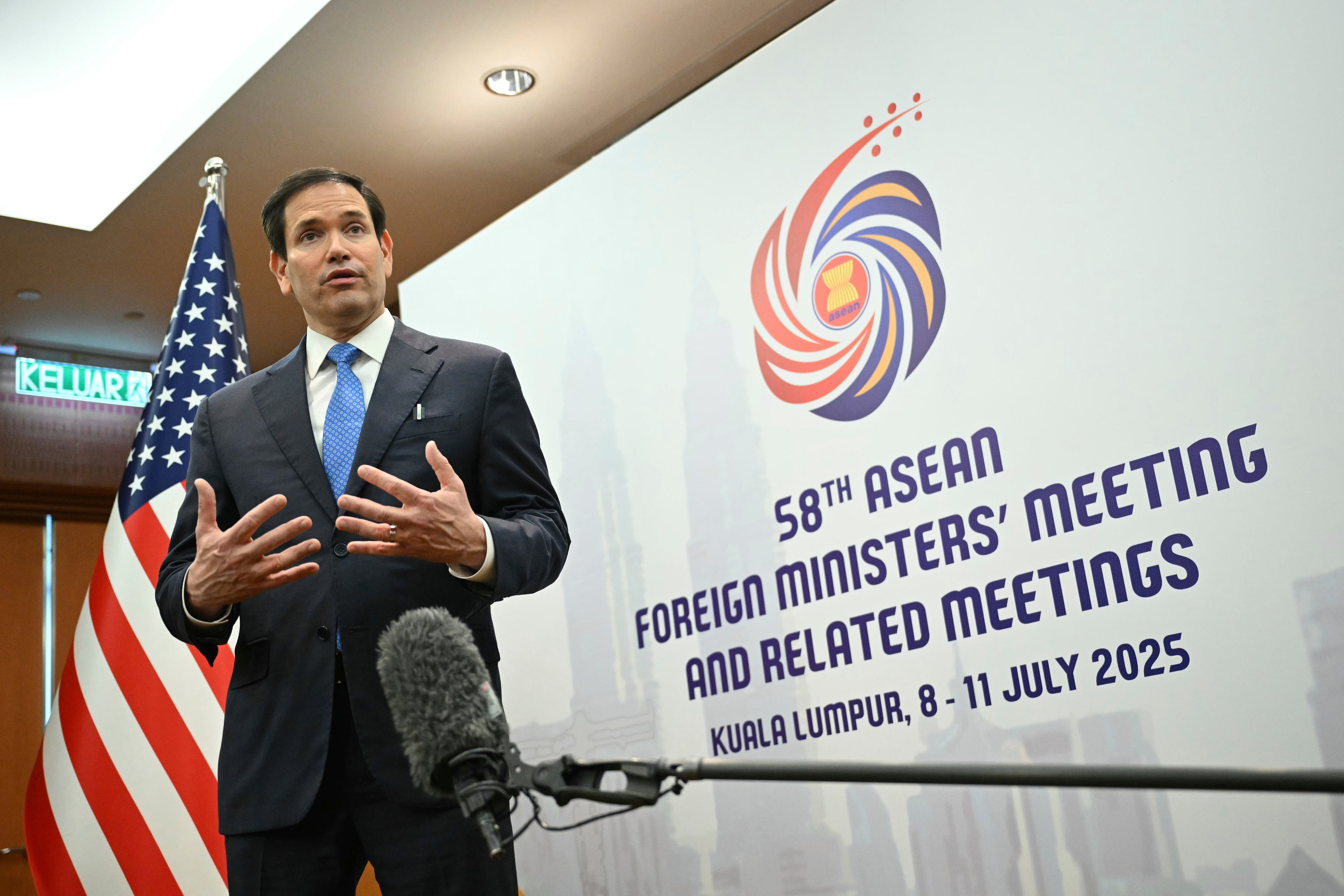 U.S. Secretary of State Marco Rubio gives a media briefing during the ASEAN Foreign Ministers' Meeting at the Convention Centre in Kuala Lumpur Friday, July 11, 2025. (Mandel Ngan/AP Pool Photo)
