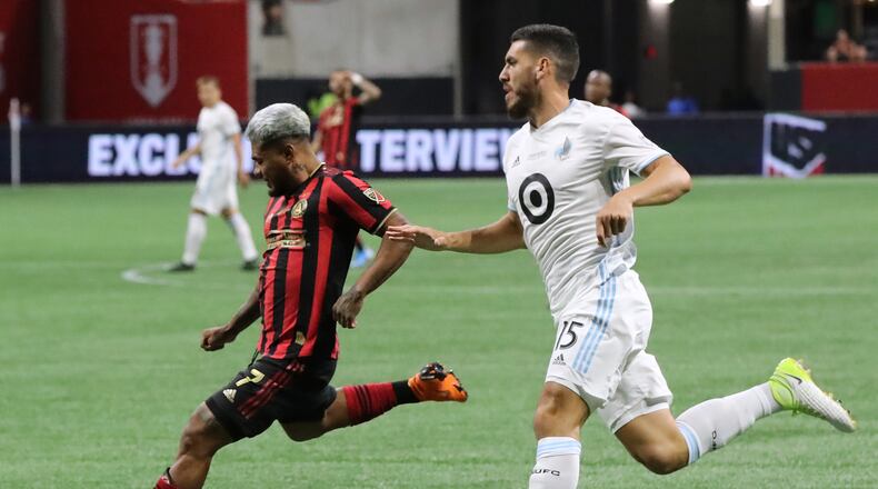August 27, 2019 Atlanta: Atlanta United forward Josef Martinez gets past Minnesota United defender Michael Boxall for a shot that went in the goal but was ruled off sides in the final for the U.S. Open Cup on Tuesday, August 27, 2019, in Atlanta. Curtis Compton/ccompton@ajc.com