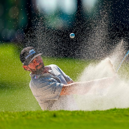 Cameron Young hits from the bunker on the eighth green during the second round of the Cadillac Championship PGA golf tournament Friday, May 1, 2026, in Doral, Fla. (AP Photo/David J. Phillip)
