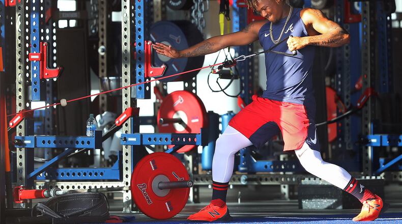 Atlanta Braves outfielder Ronald Acuna works out in the weight room before hitting the field for the first full squad workout of spring training at CoolToday Park on Tuesday, Feb. 18, 2020, in North Port.  (Curtis Compton ccompton@ajc.com)