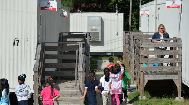 September 11, Doraville, GA: At Cary Reynolds Elementary School, 26 portable classrooms have been setup to accommodate the overflow of students. BRANT SANDERLIN /BSANDERLIN@AJC.COM