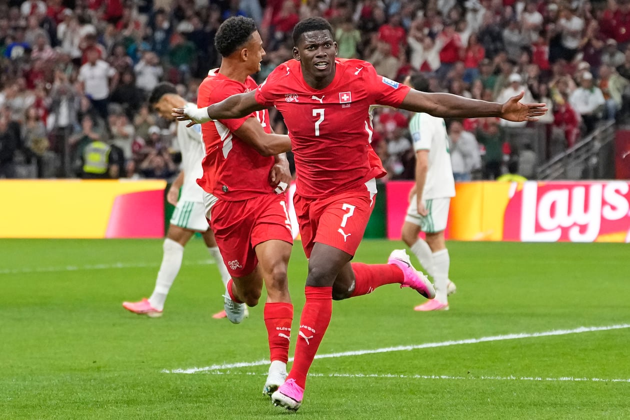Switzerland's Breel Embolo celebrates after scoring his team's first goal during the World Cup round of 32 soccer match between Switzerland and Algeria in Vancouver, British Columbia, Thursday, July 2, 2026. (Lindsey Wasson/AP)