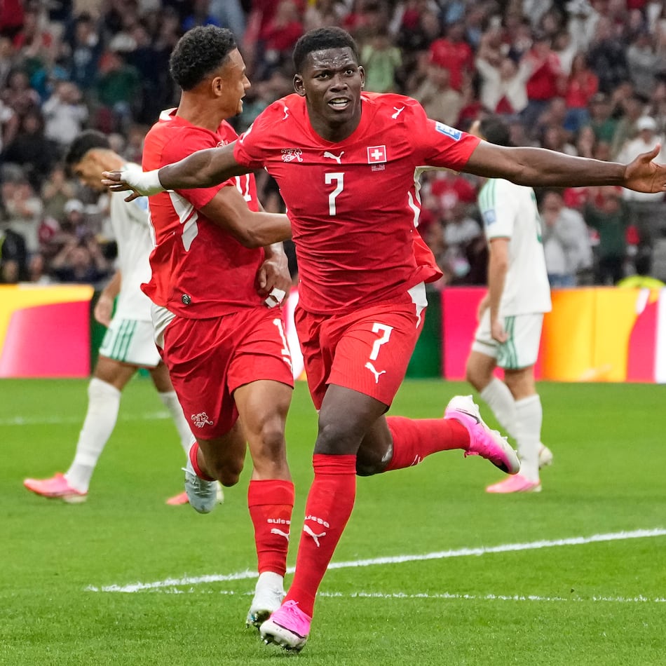 Switzerland's Breel Embolo celebrates after scoring his team's first goal during the World Cup round of 32 soccer match between Switzerland and Algeria in Vancouver, British Columbia, Thursday, July 2, 2026. (Lindsey Wasson/AP)