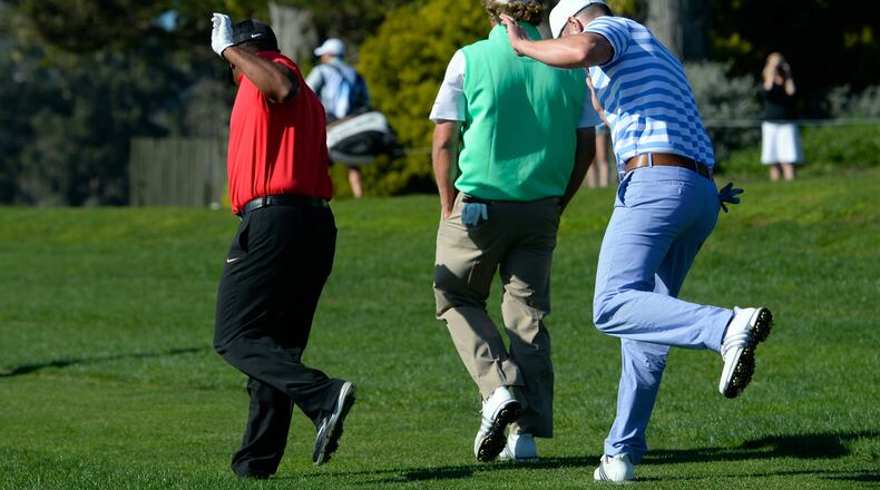 PEBBLE BEACH, CA - FEBRUARY 13: Alfonso Ribeiro (L) and Justin Timberlake (R) dance during round three of the AT&T Pebble Beach National Pro-Am at the Pebble Beach Golf Links on February 13, 2016 in Pebble Beach, California. (Photo by Robert Laberge/Getty Images)