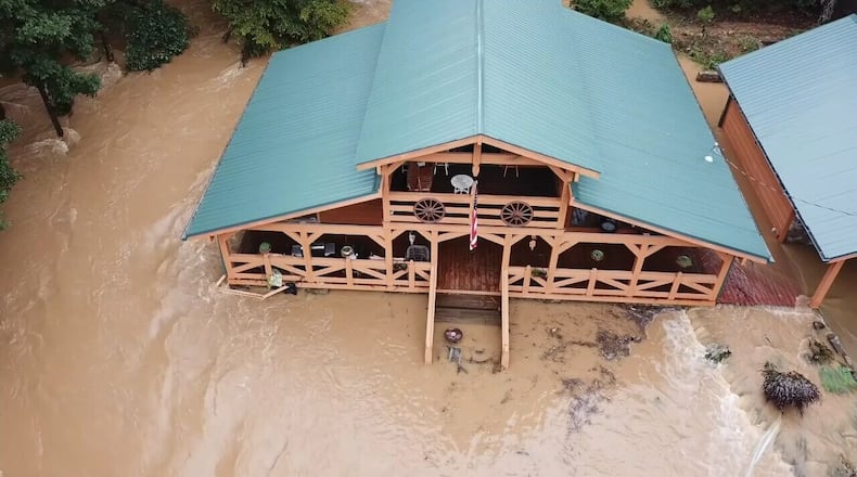 Structures near the Chattooga River in northwest Georgia were surrounded by water Sunday, Sept 4, 2022. The river rose almost 17 feet as more than 10 inches of rain fell over the weekend. COURTESY OF WSB-TV
