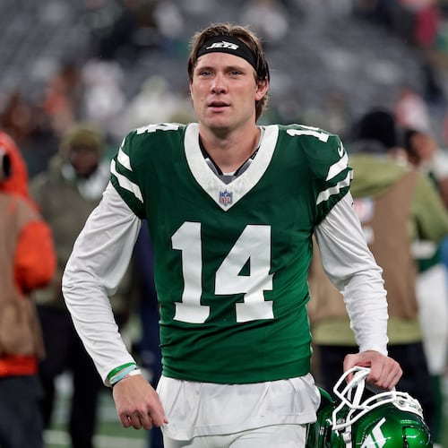 FILE - New York Jets punter Austin McNamara (14) walks off the field after an NFL football game against the Cleveland Browns, Nov. 9, 2025, in East Rutherford, N.J. (AP Photo/Adam Hunger, File)