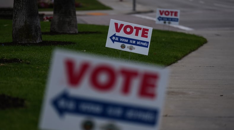 Vote signs are seen outside a vote center in La Habra, Calif., Tuesday, June 2, 2026. (AP Photo/Jae C. Hong)
