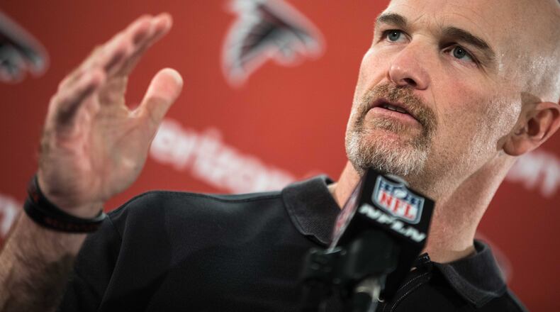 Atlanta Falcons head coach Dan Quinn speaks during a press conference at the team’s practice facility, Tuesday, Feb. 7, 2017, in Flowery Branch, Ga. BRANDEN CAMP/SPECIAL