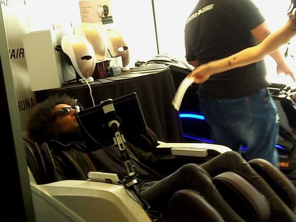 Atlanta's Willian DuVall of Alice in Chains checks out the Kahuna Chair at the Pre-Grammy lounge on Feb. 9, 2018.
