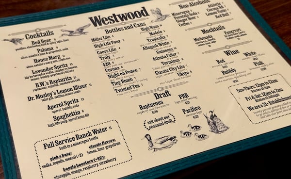 A menu for the Westwood bar