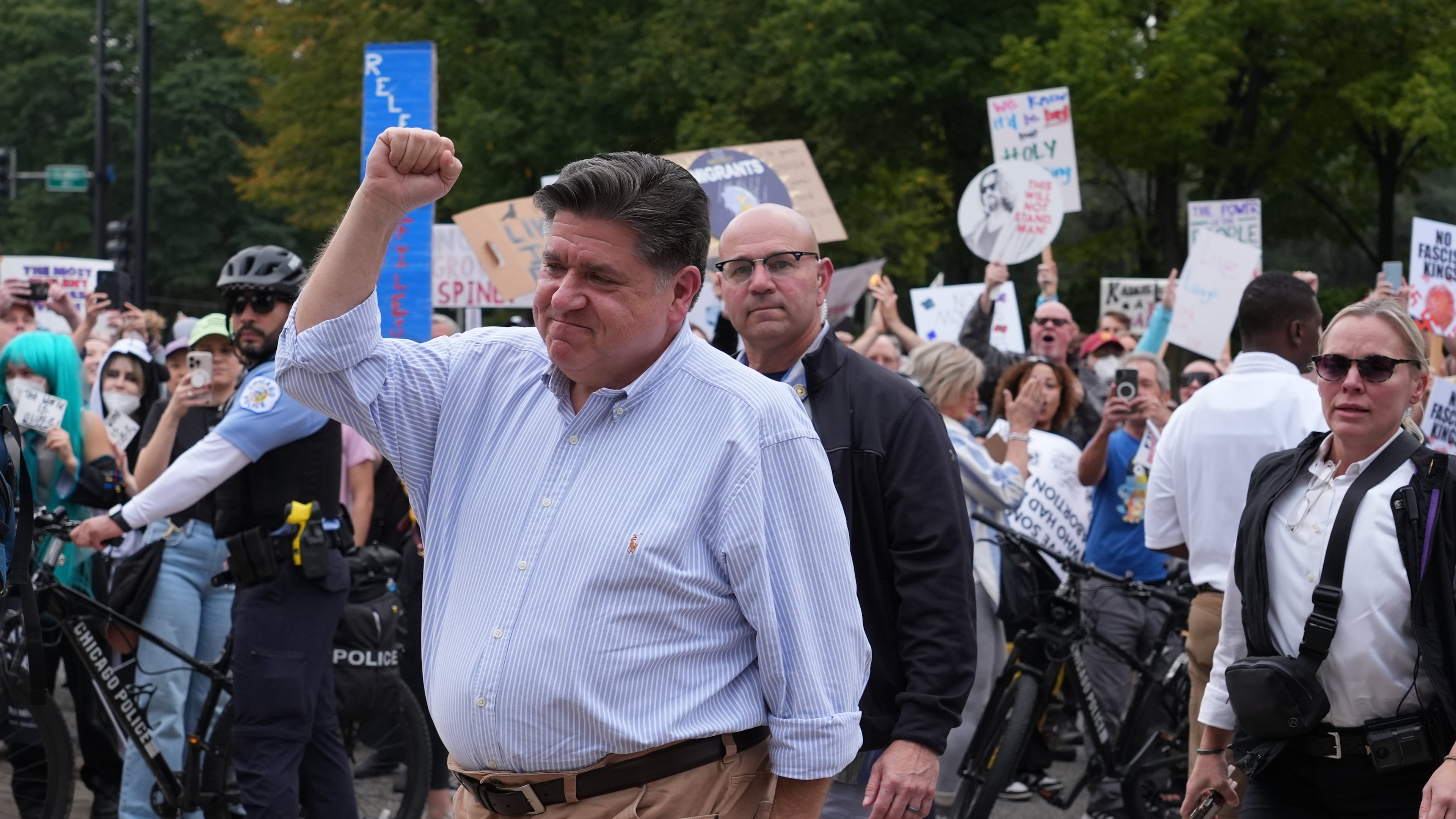 Illinois Gov. JB Pritzker, arrives during a "No Kings" protest Saturday, Oct. 18, 2025, in Chicago. (AP Photo/Nam Y. Huh)