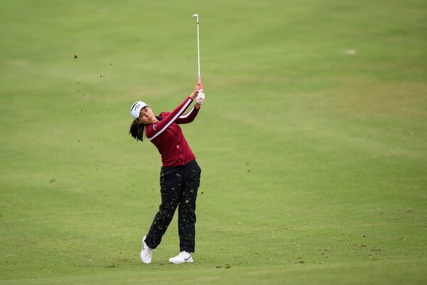 Jeeno Thitikul hits on the 12th fairway during the first round of the LPGA's JM Eagle LA Championship golf tournament at El Caballero Country Club, Thursday, April 17, 2025, in Los Angeles. (AP Photo/William Liang)