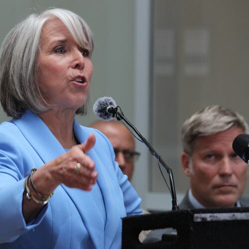New Mexico Gov. Michelle Lujan Grisham speaks about holding federal authorities accountable for policies that allowed fentanyl pills to reach the streets, during a news conference in Albuquerque, on Monday, June 29, 2026. (AP Photo/Susan Montoya Bryan)
