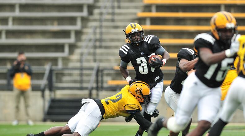 Kennesaw State’s Derrick Farrow makes a tackle during a spring scrimmage at Fifth Third Bank Stadium. (Kyle Hess, Kennesaw State Athletics)