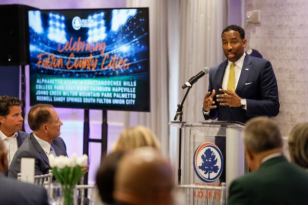 Atlanta’s Mayor Andre Dickens speaks to elected representatives from 15 cities in Fulton County, along with guests, about the preparations and news of the upcoming FIFA Club World Cup and World Cup on Wednesday, April 23, 2025, in Buckhead.
(Miguel Martinez/ AJC)