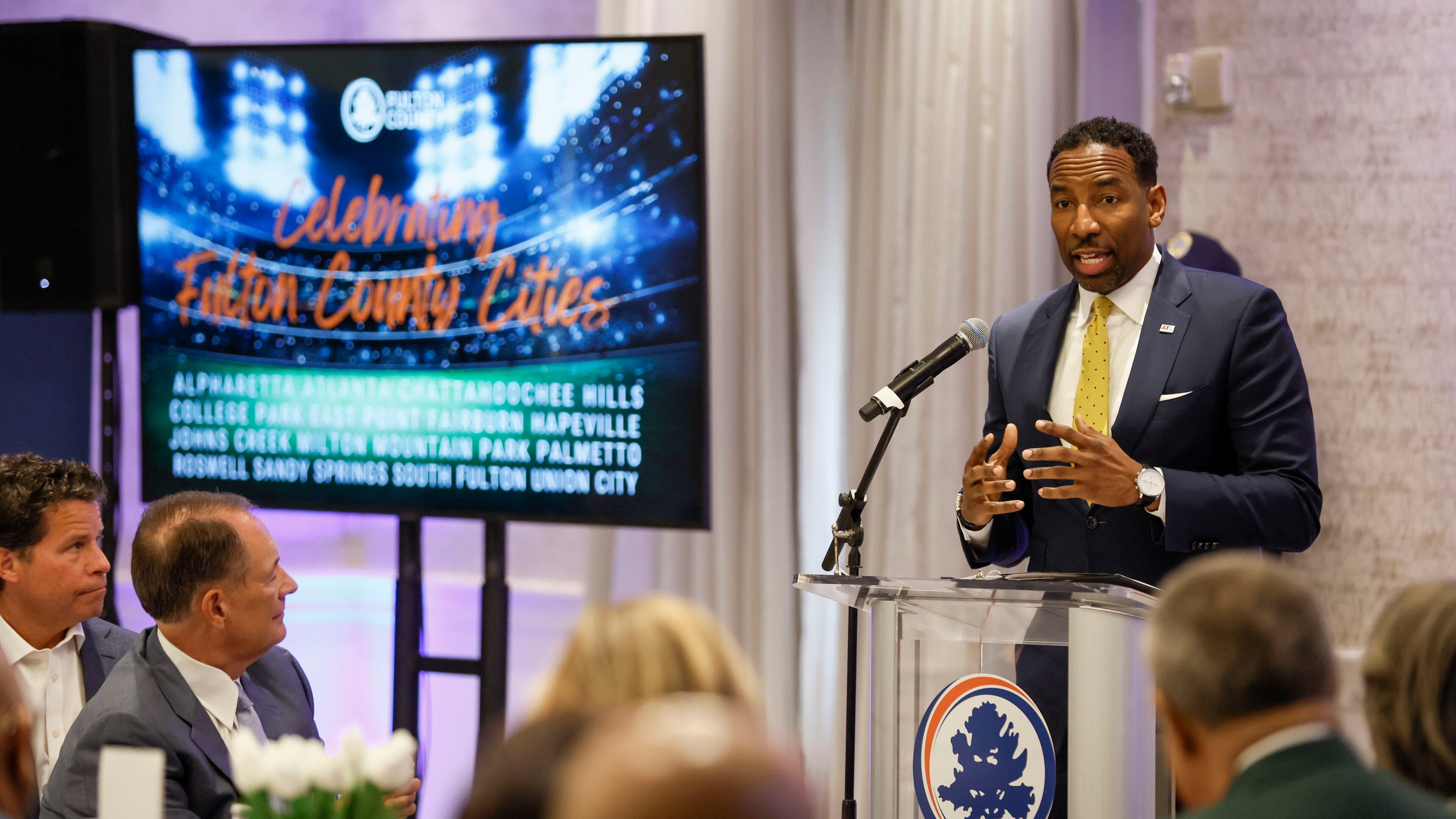 Atlanta’s Mayor Andre Dickens speaks to elected representatives from 15 cities in Fulton County, along with guests, about the preparations and news of the upcoming FIFA Club World Cup and World Cup on Wednesday, April 23, 2025, in Buckhead.
(Miguel Martinez/ AJC)