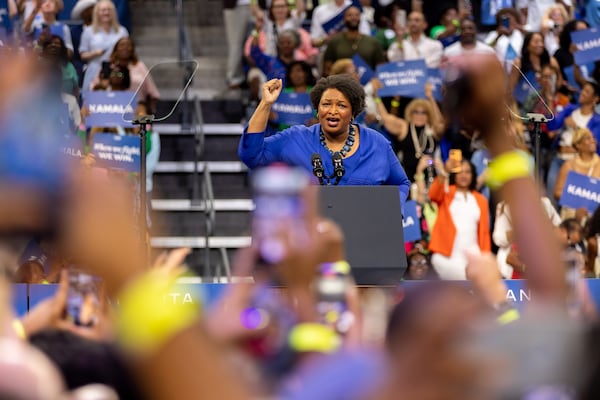 Former gubernatorial candidate Stacey Abrams speaks at the Georgia State University Convocation Center in Atlanta on Tuesday, July 30, 2024 for a Kamala Harris campaign rally. It’s Harris’ campaign event in the state since she became the presumptive Democratic nominee for president. (Arvin Temkar / AJC)