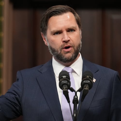 Vice President JD Vance speaks to the media from the Eisenhower Executive Office Building on the White House campus, Wednesday, May 13, 2026, in Washington. (AP Photo/Jacquelyn Martin)