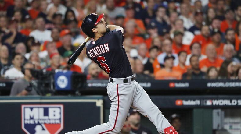 Anthony Rendon of the Washington Nationals swings at a pitch against the Houston Astros during the seventh inning of Game 2 of the World Series at Minute Maid Park in Houston on Oct. 23, 2019. (Elsa/Getty Images/TNS)