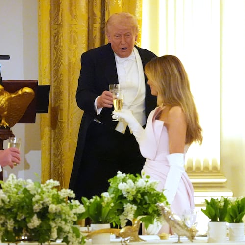 President Donald Trump toasts during a State Dinner with Britain's King Charles III, Queen Camilla and first lady Melania Trump in the East Room of the White House State Dinner Tuesday, April 28, 2026, in Washington. (AP Photo/Alex Brandon)