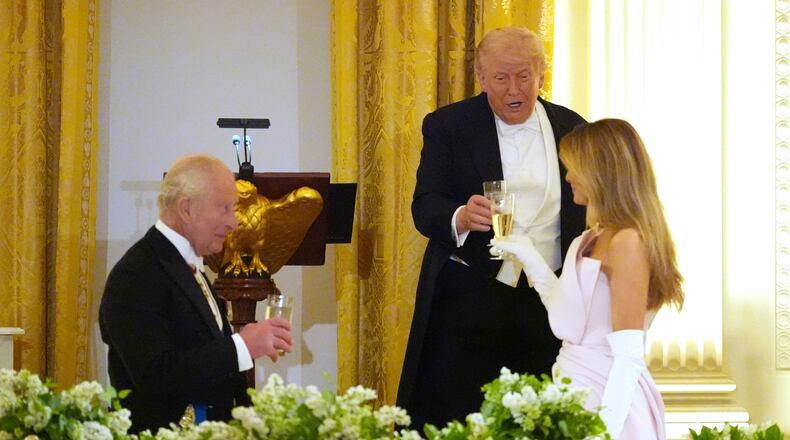 President Donald Trump toasts during a State Dinner with Britain's King Charles III, Queen Camilla and first lady Melania Trump in the East Room of the White House State Dinner Tuesday, April 28, 2026, in Washington. (AP Photo/Alex Brandon)