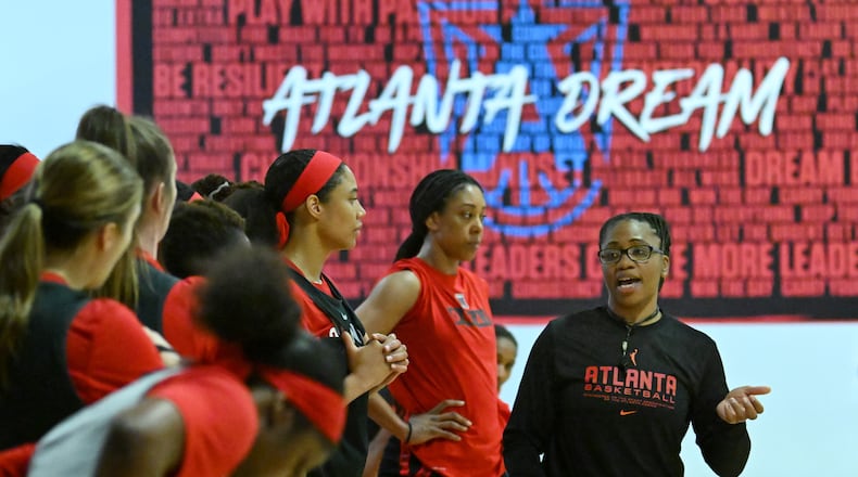 Atlanta Dream head coach Tanisha Wright (right) instructs during Atlanta Dream training camp, Tuesday, May 2, 2023, in Chamblee. (Hyosub Shin / Hyosub.Shin@ajc.com)