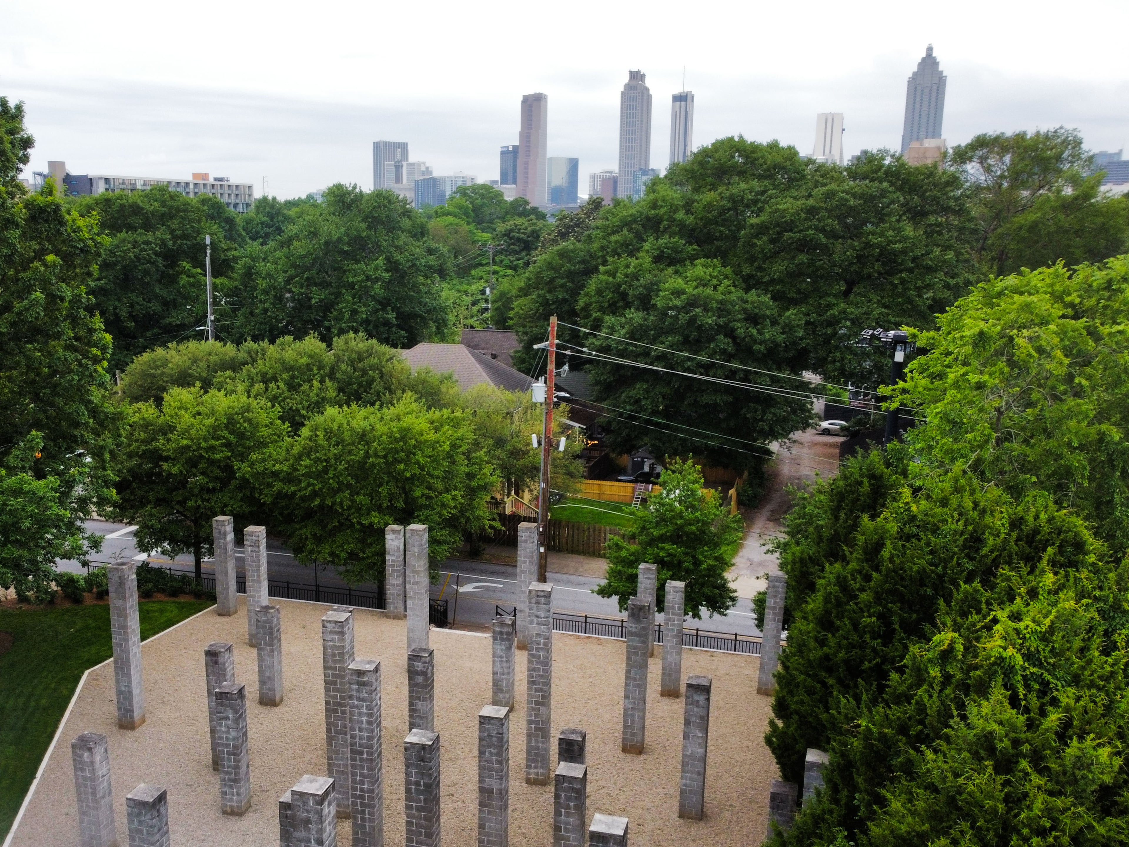 54 Columns Park photographed by drone from above, with the Atlanta skyline in the background. COURTESY OF ARTHUR RUDICK