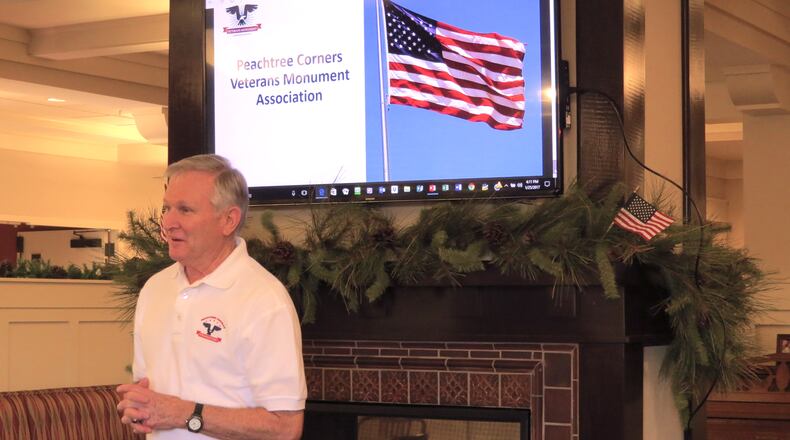 Retired U.S. Army Col. Bob Ballagh presents Peachtree Corners’ plans to build a veterans monument at Noble Village. Courtesy City of Peachtree Corners