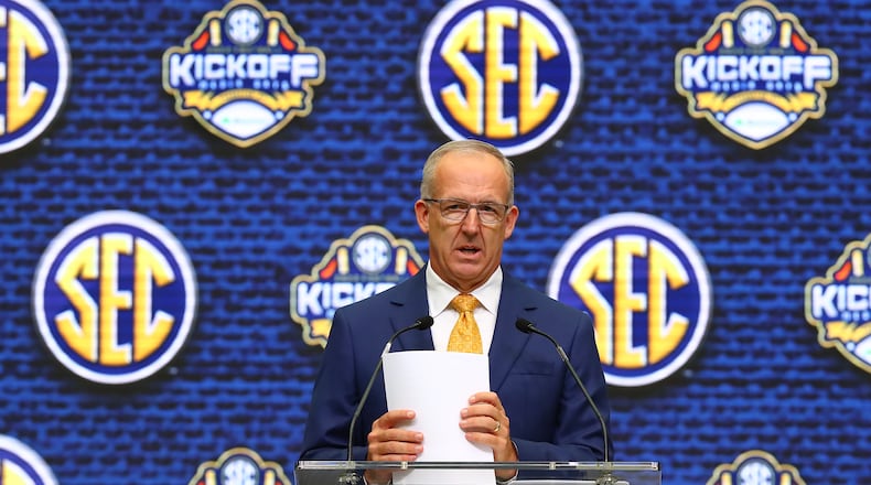 SEC Commissioner Greg Sankey holds his opening press conference to begin SEC Media Days at the College Football Hall of Fame on Monday, July 18, 2022, in Atlanta. (Curtis Compton/AJC file)