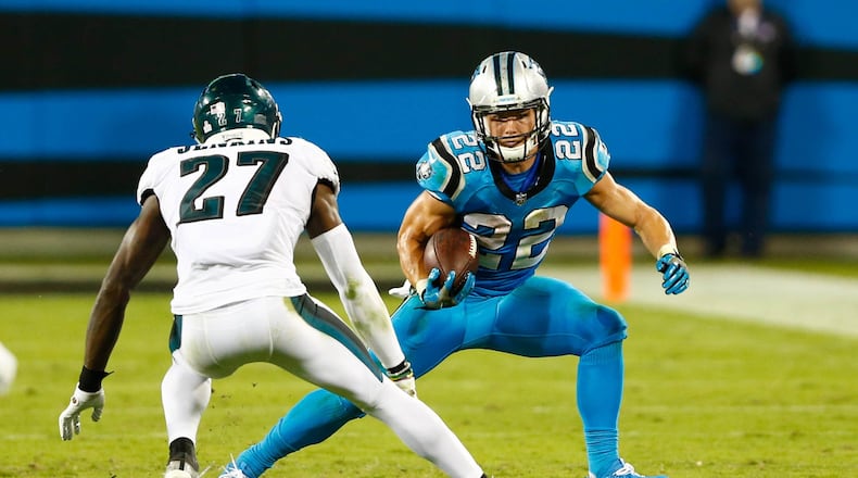Oct 12, 2017; Charlotte, NC, USA; Carolina Panthers running back Christian McCaffrey (22) runs after a catch against Philadelphia Eagles strong safety Malcolm Jenkins (27) in the fourth quarter at Bank of America Stadium. Mandatory Credit: Jeremy Brevard-USA TODAY Sports ORG XMIT: USATSI-358921 ORIG FILE ID: 20171012_lbm_bb4_174.JPG