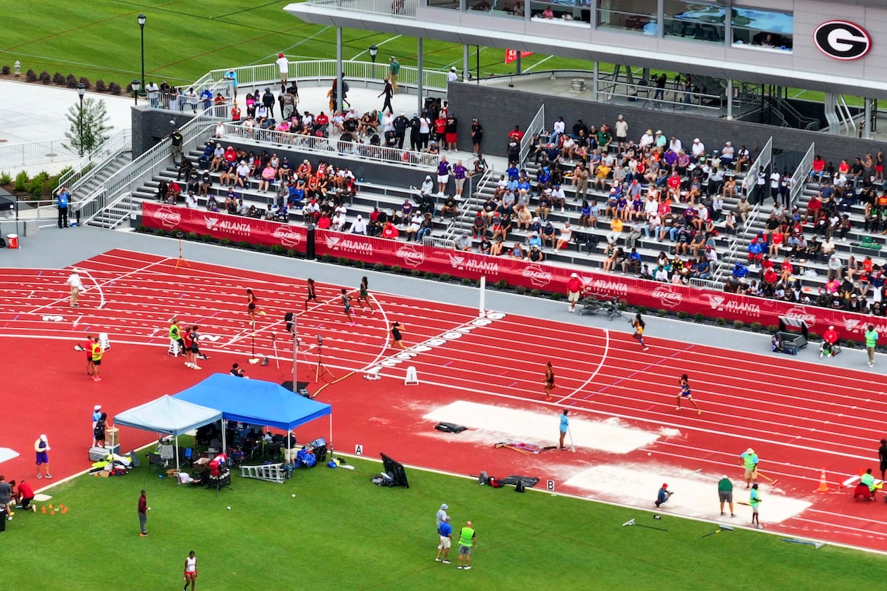 An aerial image depicts the UGA Spec Towns Track where the GHSA track and field state championship is taking place on Monday, May 11, 2026, in Athens. (Miguel Martinez/AJC)