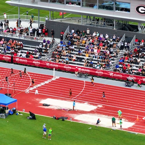 An aerial image depicts the UGA Spec Towns Track where the GHSA track and field state championship is taking place on Monday, May 11, 2026, in Athens. (Miguel Martinez/AJC)