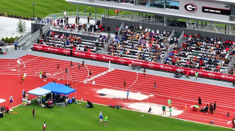 An aerial image depicts the UGA Spec Towns Track where the GHSA track and field state championship is taking place on Monday, May 11, 2026, in Athens. (Miguel Martinez/AJC)