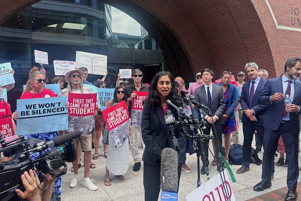 Ramya Krishnan, senior staff attorney at the Knight First Amendment Institute, speaks about a lawsuit challenging the Trump administration over deporting students and faculty who took part in pro-Palestinian demonstrations on Monday, July 7, 2025, at the federal courthouse in Boston. (AP Photo/Michael Casey)