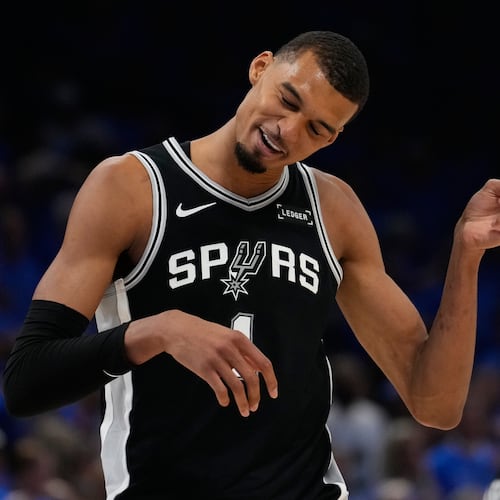 San Antonio Spurs forward Victor Wembanyama celebrates during the second half of Game 1 in a third-round NBA basketball playoffs series against the Oklahoma City Thunder Monday, May 18, 2026, in Oklahoma City. (AP Photo/Tony Gutierrez)