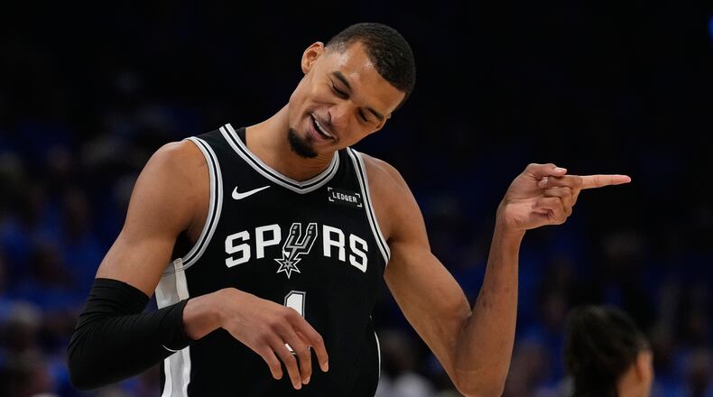 San Antonio Spurs forward Victor Wembanyama celebrates during the second half of Game 1 in a third-round NBA basketball playoffs series against the Oklahoma City Thunder Monday, May 18, 2026, in Oklahoma City. (AP Photo/Tony Gutierrez)