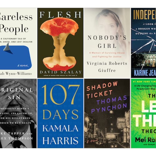 This combination of book cover images images shows, top row from left, "Sunrise on the Reaping" by Suzanne Collins, "Careless People: A Cautionary Tale of Power, Greed, and Lost Idealism" by Sarah Wynn-Williams, "Flesh" by David Szalay," "Nobody's Girl: A Memoir of Surviving Abuse and Fighting for Justice" by Virginia Roberts Giuffre, "Independent: A Look Inside a Broken White House, Outside the Party Lines" by Karine Jean-Pierre, bottom row from left, "The Fate of the Day: The War for America, Fort Ticonderoga to Charleston, 1777-1780" by Rick Atkinson, "Original Sin: President Biden's Decline, Its Cover-Up, and His Disastrous Choice to Run Again" by Jake Tapper and Alex Thompson, "107 Days" by Kamala Harris, "Shadow Ticket" by Thomas Pynchon, and s "The Let Them Theory: A Life-Changing Tool That Millions of People Can’t Stop Talking About" by Mel Robbins and Sawyer Robbins. (Scholastic/Flatiron/Scribner/Knopf/Legacy Lit/Crown/Penguin Press/Simon & Schuster/Penguin Press/Hay house via AP)