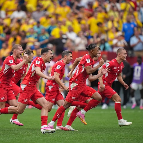 Switzerland players celebrate after defeating Colombia in a penalty shootout in the World Cup round of 16 soccer match between Switzerland and Colombia in Vancouver, British Columbia, Tuesday, July 7, 2026. (Darryl Dyck/The Canadian Press via AP)