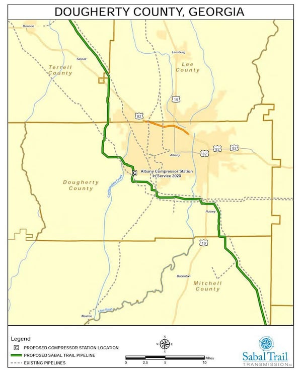 Map of Sabal Trail pipeline and compressor station in Dougherty County. CONTRIBUTED BY SABAL TRAIL TRANSMISSION