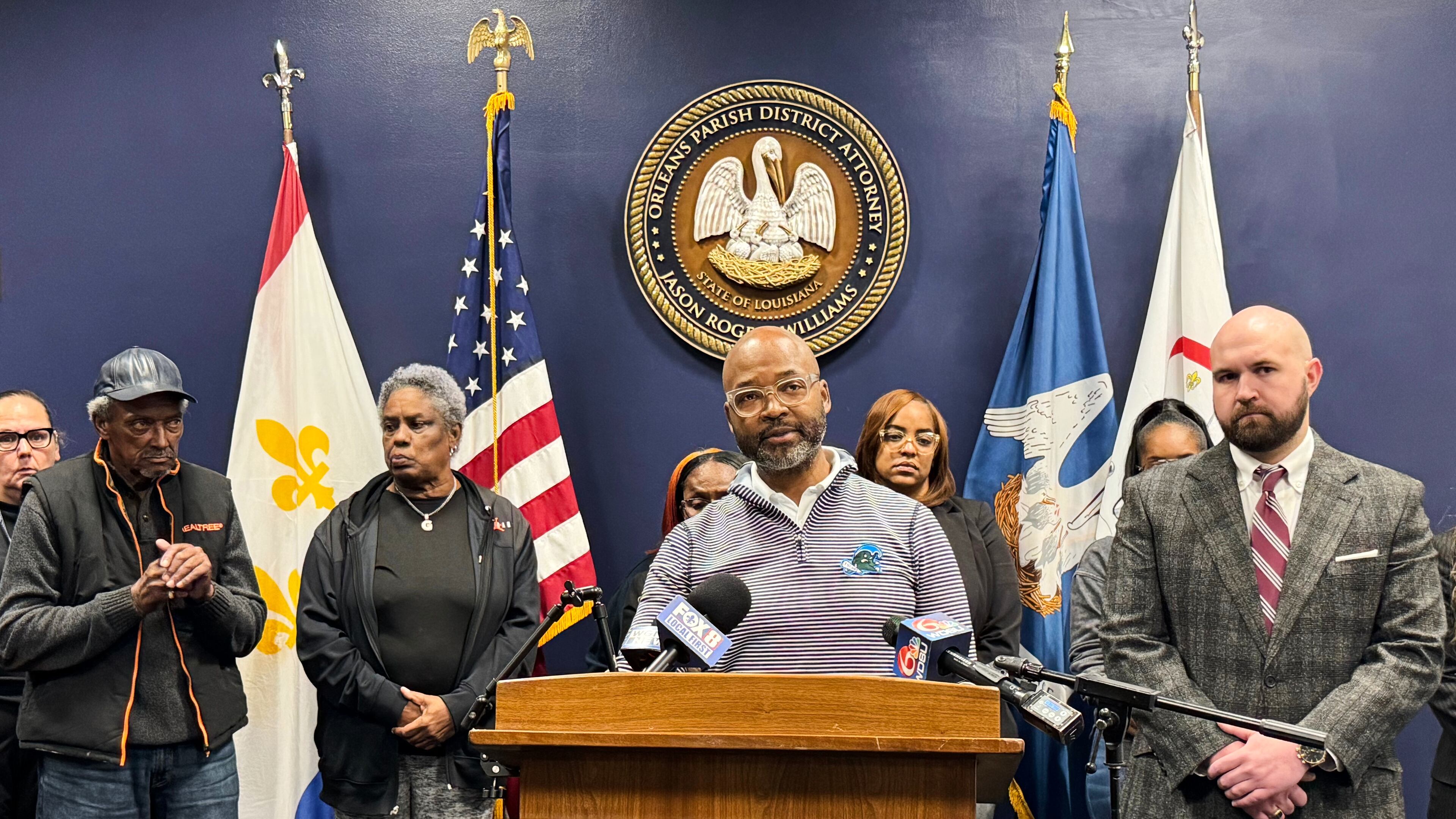 Orleans Parish District Attorney Jason Williams addresses the media following the sentencing of Derrick Groves, Friday, Dec. 12, 2025, in New Orleans. (AP Photo/Jack Brook)