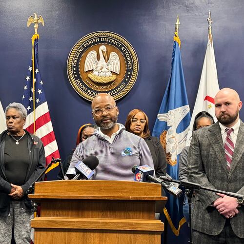 Orleans Parish District Attorney Jason Williams addresses the media following the sentencing of Derrick Groves, Friday, Dec. 12, 2025, in New Orleans. (AP Photo/Jack Brook)