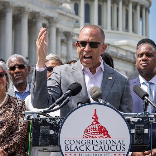 House Minority Leader Hakeem Jeffries, D-N.Y., and members of the Congressional Black Caucus speak outside the Capitol in Washington, Tuesday, May 19, 2026. (AP Photo/J. Scott Applewhite)