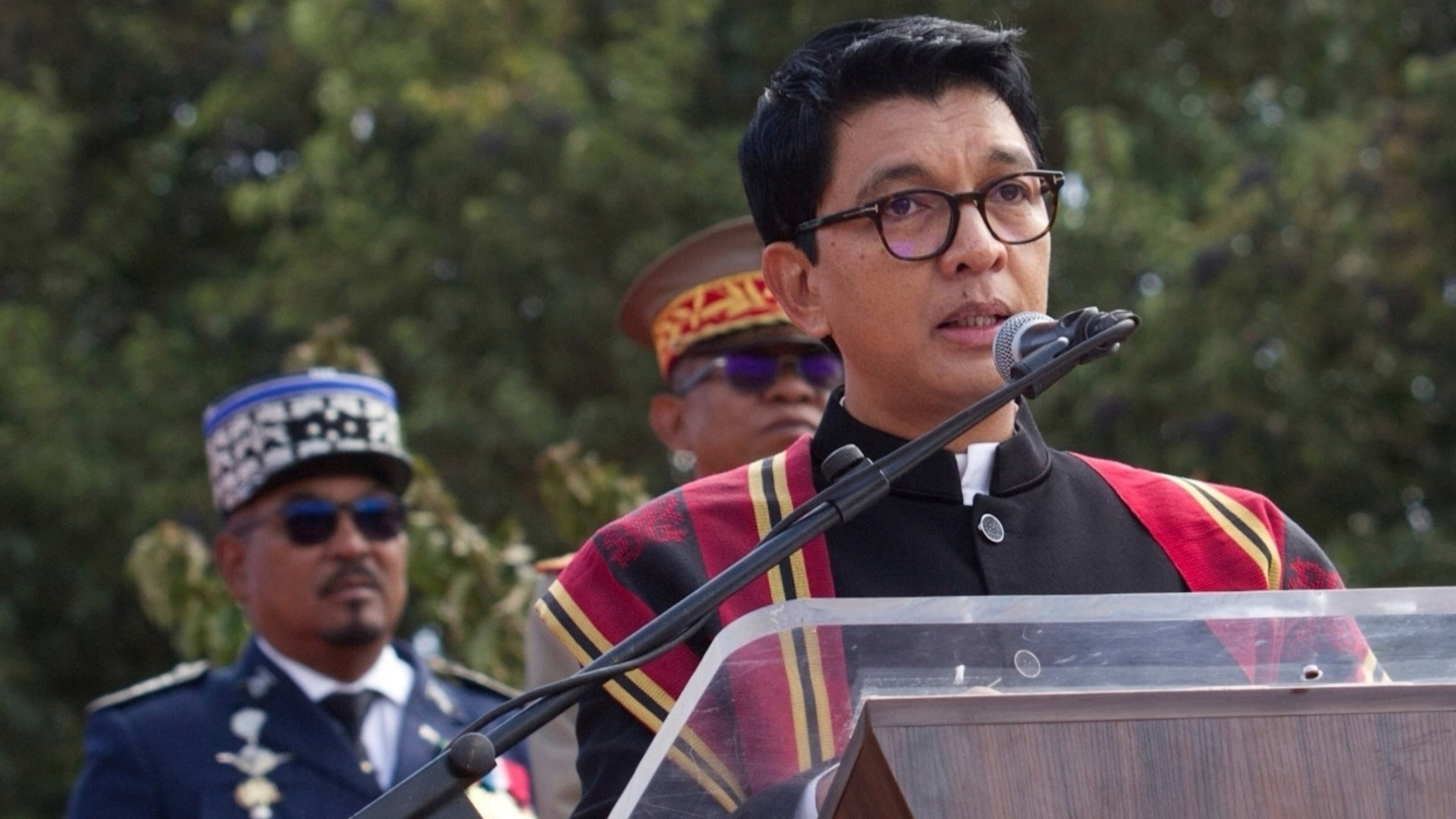 FILE - President Andry Rajoelina addresses a state ceremony, Sept. 2, 2025, in Antananarivo, Madagascar. (AP Photo/Alexander Joe, file)