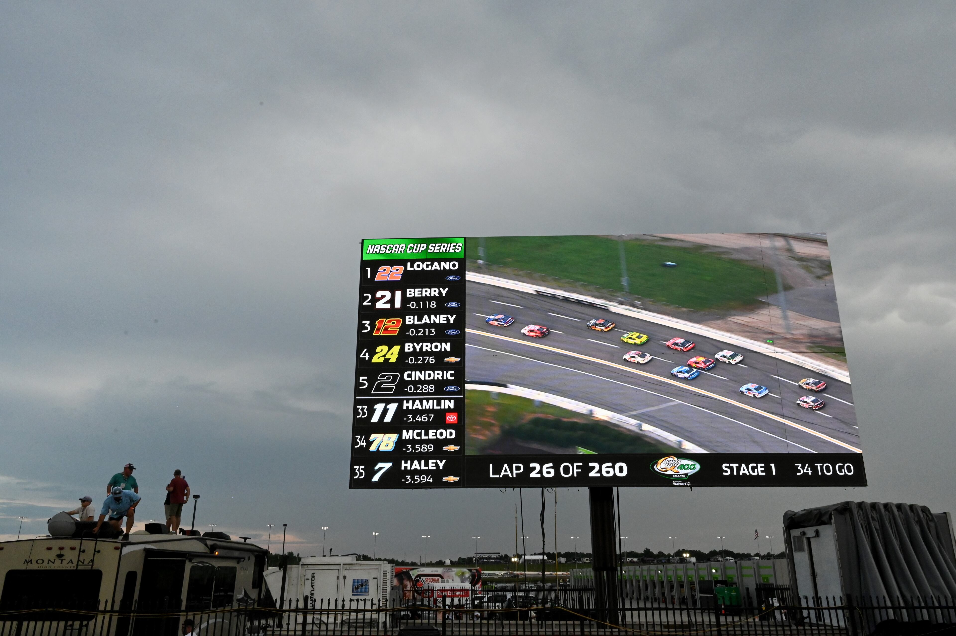 NASCAR Cup Series driver Joey Logano (22) leads the field during Quaker State 400 NASCAR Cup Series race at EchoPark Speedway, Saturday, June 28, 2025, in Hampton. (Hyosub Shin / AJC)