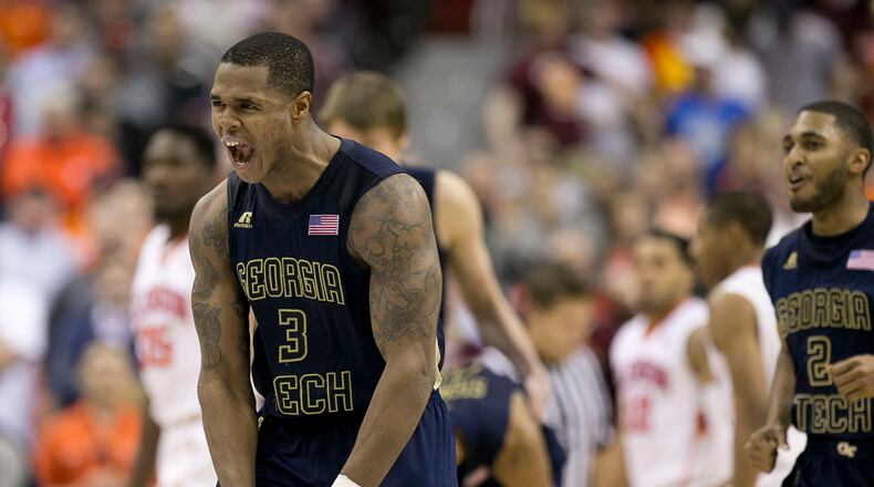 Georgia Tech's Marcus Georges-Hunt (3) reacts after forcing overtime against Clemson on Wednesday, March 9, 2016, during the ACC Tournament at the Verizon Center in Washington. Georgia Tech advanced, 88-85. (Robert Willett/Raleigh News & Observer/TNS)