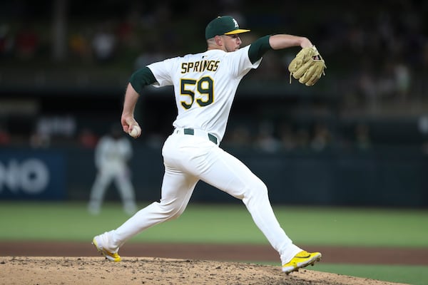 Athletics pitcher Jeffrey Springs throws to an Atlanta Braves batter during the sixth inning of a baseball game Tuesday, July 8, 2025, in West Sacramento, Calif. (AP Photo/Scott Marshall)