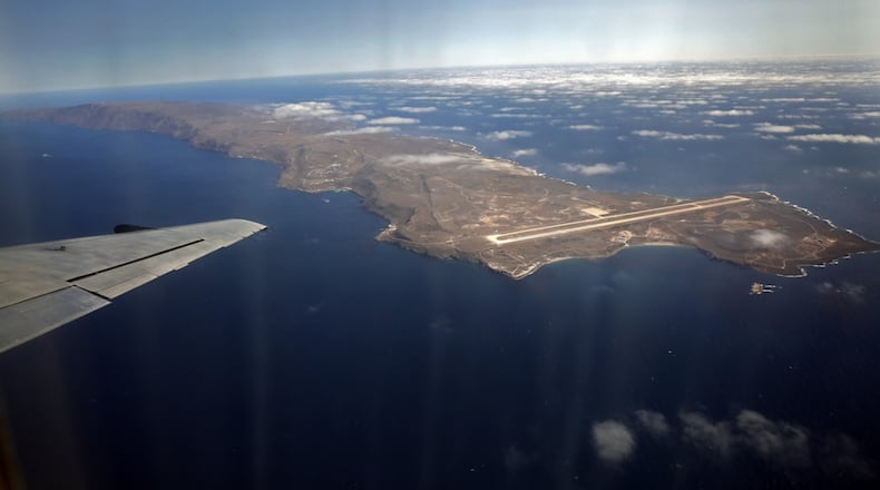 San Clemente Island, viewed from a shuttle aircraft that regularly flies military and civilian personnel to the U.S. Navy-owned land mass 68 miles from San Diego, Calif. The military airstrip is seen at the northern end. The southern end has the only remaining ship-to-shore bombardment range in the U.S. (Don Bartletti/Los Angeles Times/TNS)