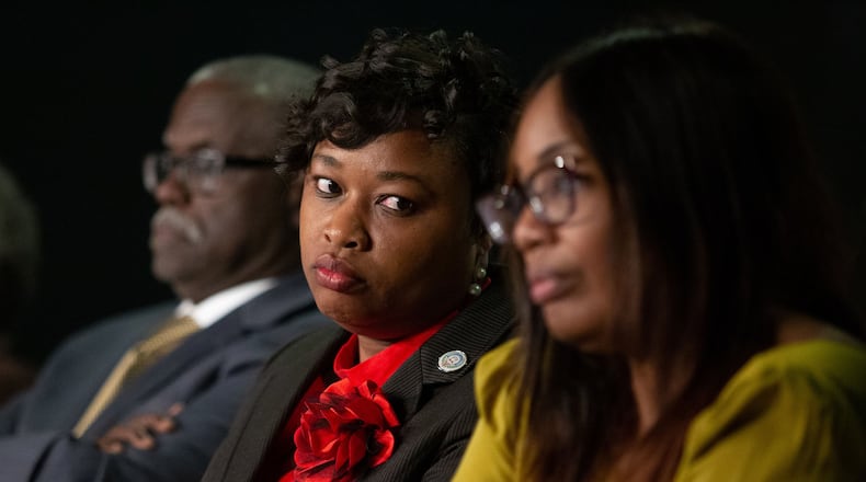 City Council Member Helen Zenobia Willis (C) listens to testimony during a hearing at the South Fulton Arts Center on Tuesday, December 10, 2019. STEVE SCHAEFER / SPECIAL TO THE AJC